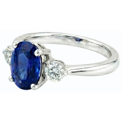 Three Stone Oval Ceylon Sapphire & Round Natural Earth Mined Diamond Ring 2.50 Carats