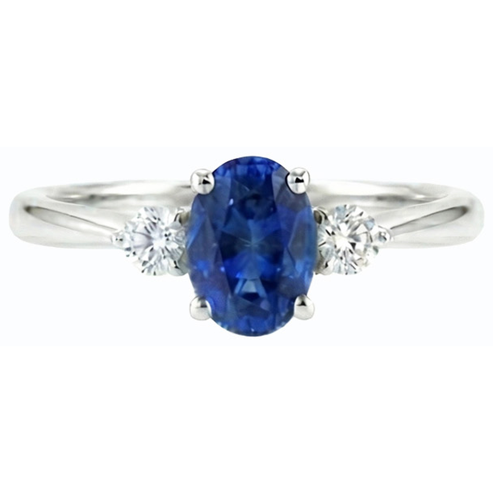Three Stone Oval Ceylon Sapphire & Round Natural Earth Mined Diamond Ring 2.50 Carats