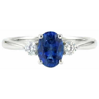 Three Stone Oval Ceylon Sapphire & Round Natural Earth Mined Diamond Ring 2.50 Carats