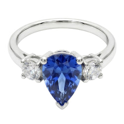 Three Stone Pear Blue Sapphire And Natural Earth Mined Diamond Engagement Ring 4.20 Ct.