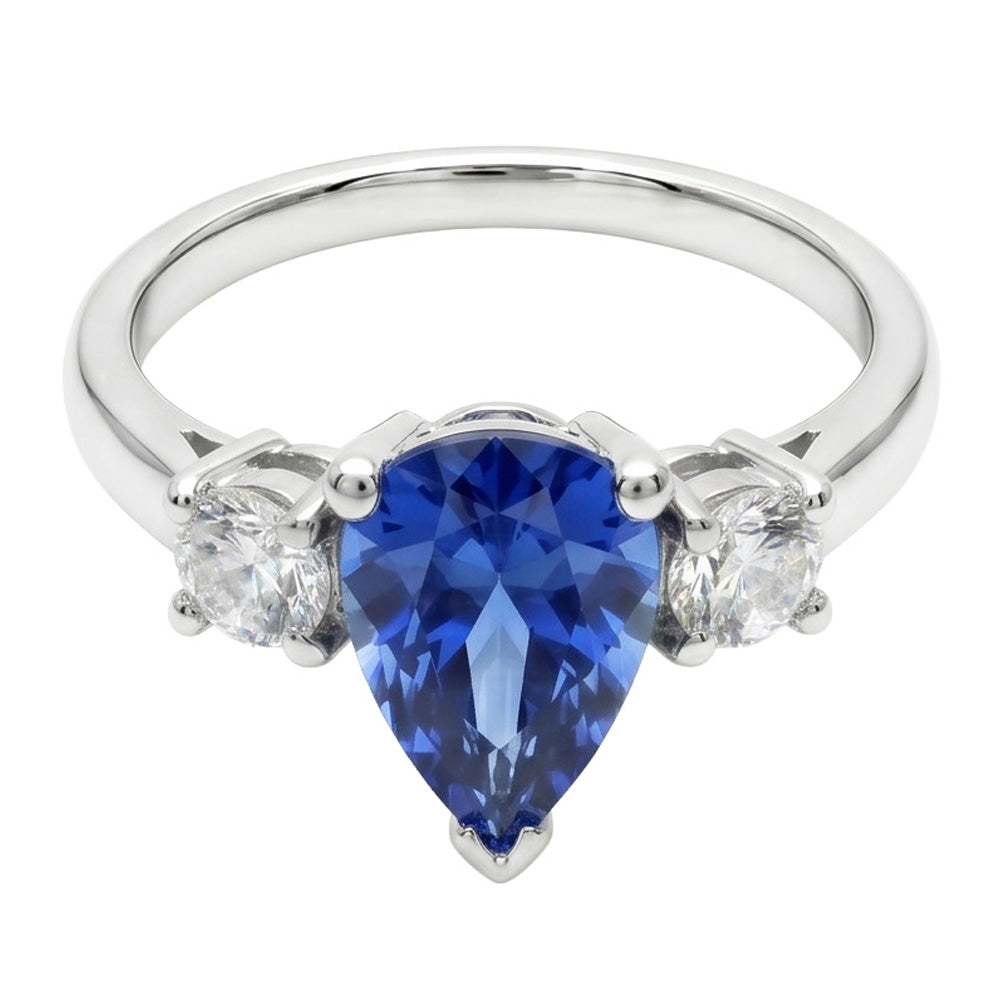 Three Stone Pear Blue Sapphire And Natural Earth Mined Diamond Engagement Ring 4.20 Ct.
