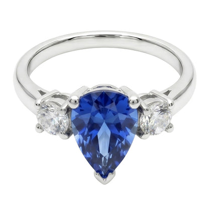 Three Stone Pear Blue Sapphire And Natural Earth Mined Diamond Engagement Ring 4.20 Ct.