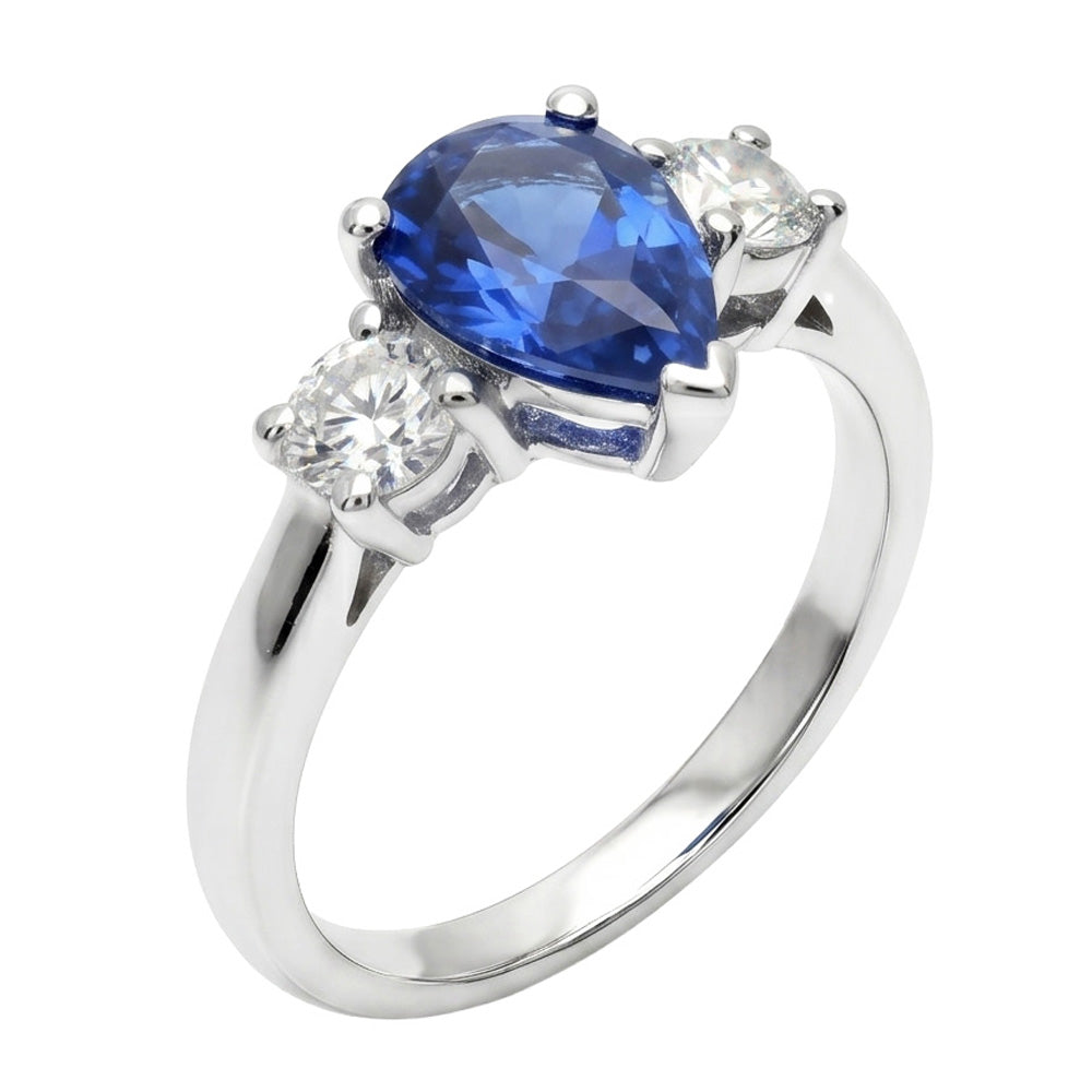 Three Stone Pear Blue Sapphire And Natural Earth Mined Diamond Engagement Ring 4.20 Ct.