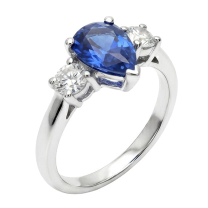 Three Stone Pear Blue Sapphire And Natural Earth Mined Diamond Engagement Ring 4.20 Ct.