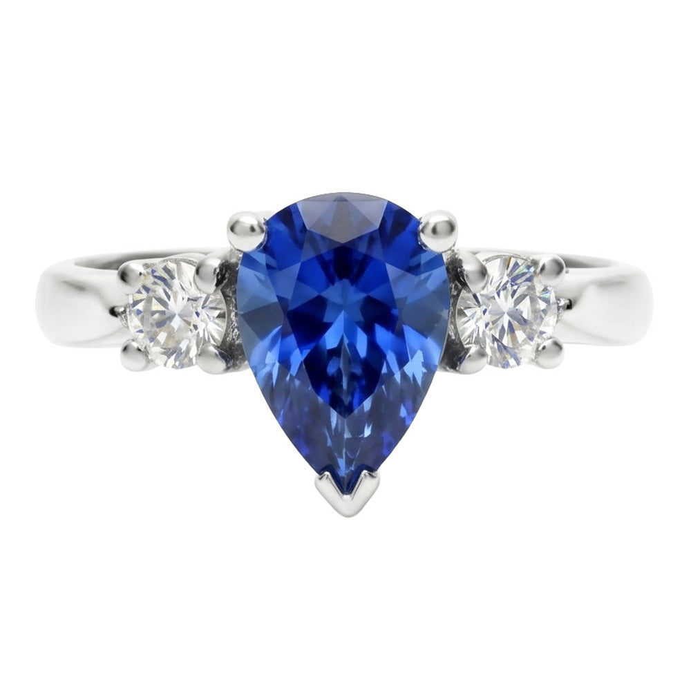 Three Stone Pear Blue Sapphire And Natural Earth Mined Diamond Engagement Ring 4.20 Ct.