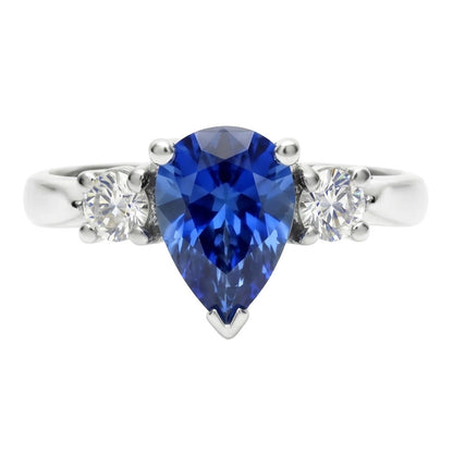 Three Stone Pear Blue Sapphire And Natural Earth Mined Diamond Engagement Ring 4.20 Ct.