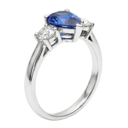 Three Stone Pear Blue Sapphire And Natural Earth Mined Diamond Engagement Ring 4.20 Ct.