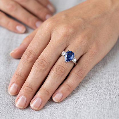 Three Stone Pear Blue Sapphire And Natural Earth Mined Diamond Engagement Ring 4.20 Ct.