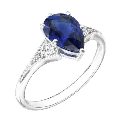 Three Stone Pear Blue Sapphire & Natural Earth Mined Diamond Ring Milgrain 1.75 Carats