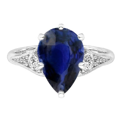 Three Stone Pear Blue Sapphire & Natural Earth Mined Diamond Ring Milgrain 1.75 Carats