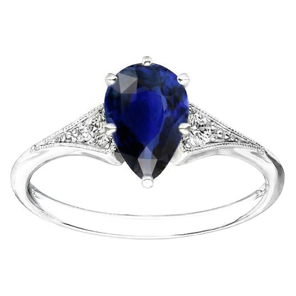 Three Stone Pear Blue Sapphire & Natural Earth Mined Diamond Ring Milgrain 1.75 Carats