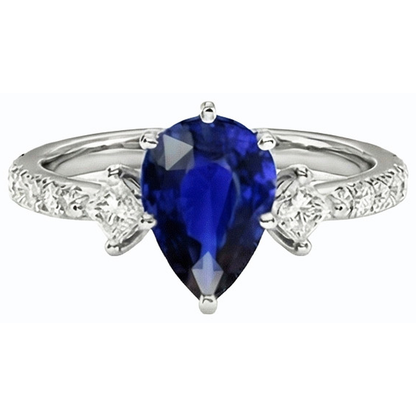 Three Stone Pear Ceylon Sapphire RIng With Natural Earth Mined Diamond Accents 3 Carats
