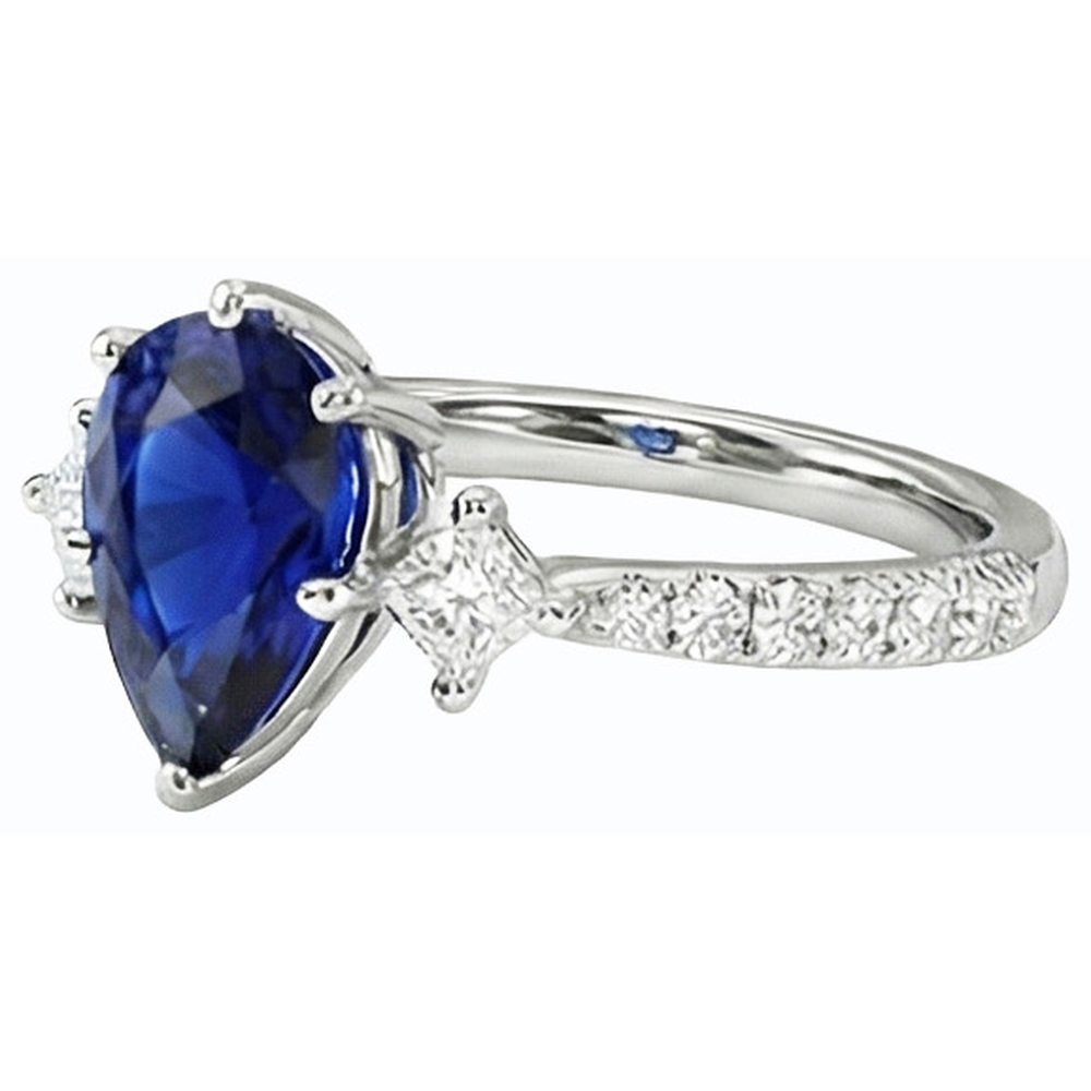 Three Stone Pear Ceylon Sapphire RIng With Natural Earth Mined Diamond Accents 3 Carats