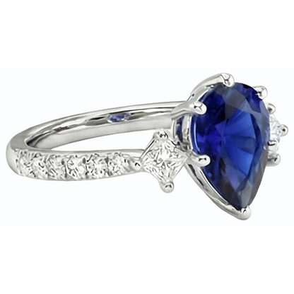 Three Stone Pear Ceylon Sapphire RIng With Natural Earth Mined Diamond Accents 3 Carats