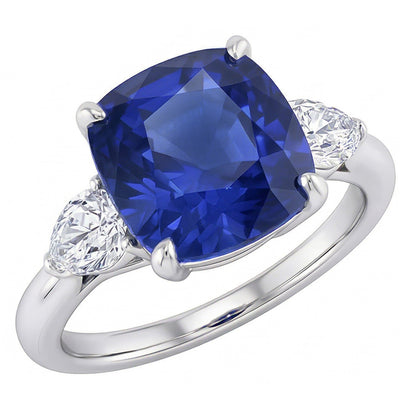 Three Stone Pear Natural Earth Mined Diamond & Cushion Blue Sapphire Ring 3.50 Carats