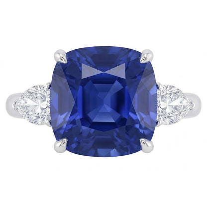 Three Stone Pear Natural Earth Mined Diamond & Cushion Blue Sapphire Ring 3.50 Carats