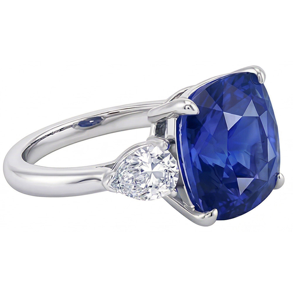 Three Stone Pear Natural Earth Mined Diamond & Cushion Blue Sapphire Ring 3.50 Carats