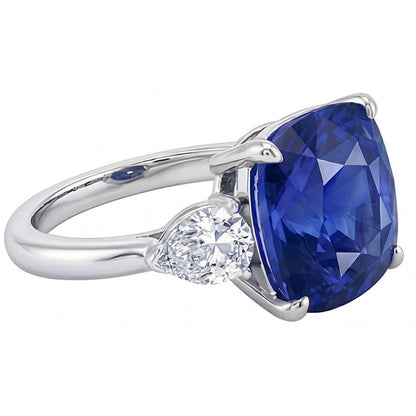 Three Stone Pear Natural Earth Mined Diamond & Cushion Blue Sapphire Ring 3.50 Carats
