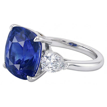 Three Stone Pear Natural Earth Mined Diamond & Cushion Blue Sapphire Ring 3.50 Carats