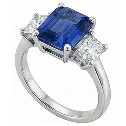 Three Stone Princess Natural Earth Mined Diamond & Emerald Blue Sapphire Ring 2.50 Carats