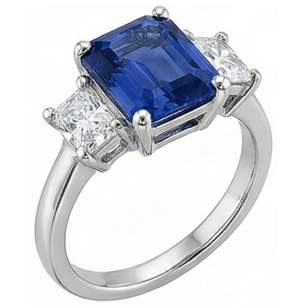 Three Stone Princess Natural Earth Mined Diamond & Emerald Blue Sapphire Ring 2.50 Carats