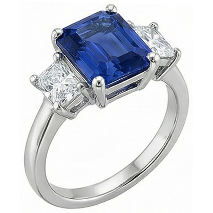 Three Stone Princess Natural Earth Mined Diamond & Emerald Blue Sapphire Ring 2.50 Carats