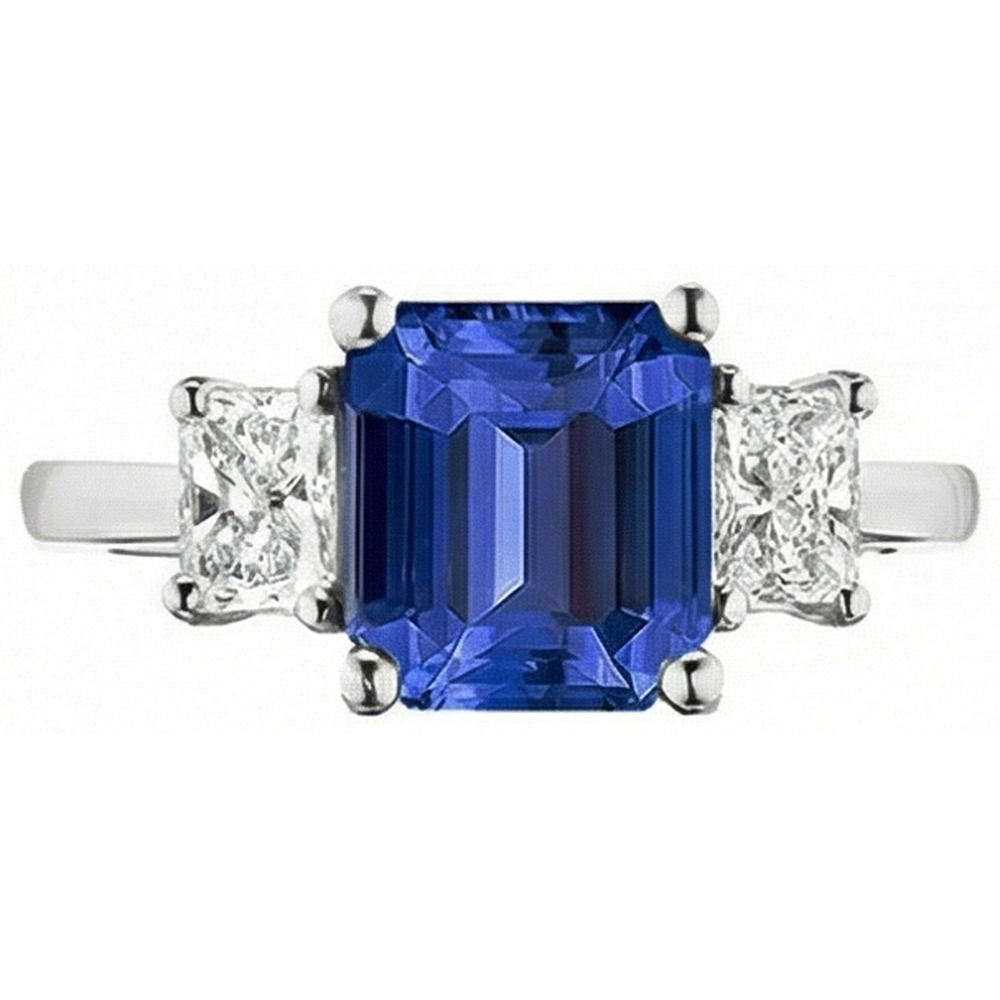 Three Stone Princess Natural Earth Mined Diamond & Emerald Blue Sapphire Ring 2.50 Carats