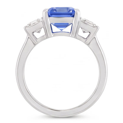 Three Stone Radiant Sapphire & Baguette Natural Earth Mined Diamond Ring 3.50 Carats Gold