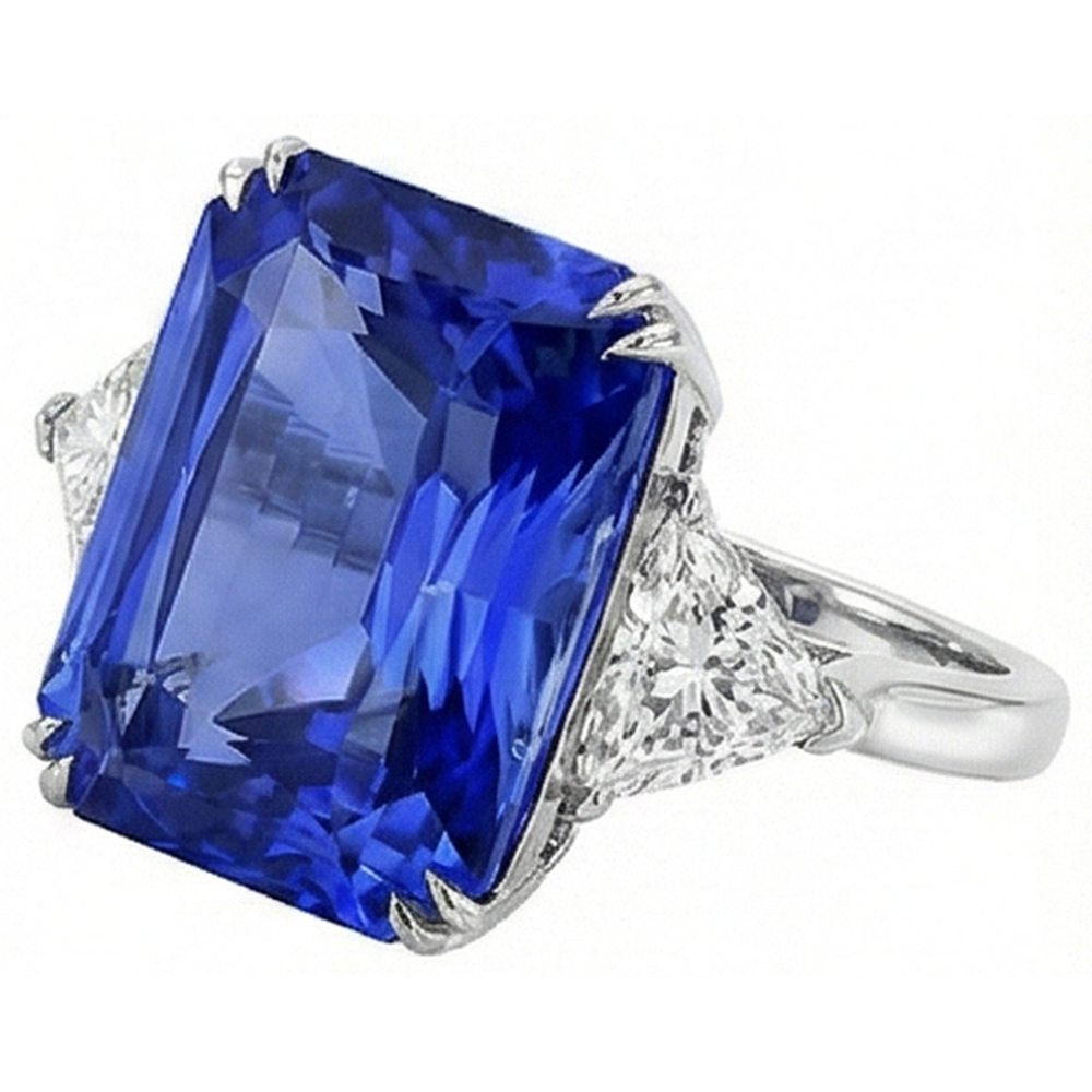Three Stone Radiant Sapphire & Trillion Natural Earth Mined Diamond Ring 5.50 Carats