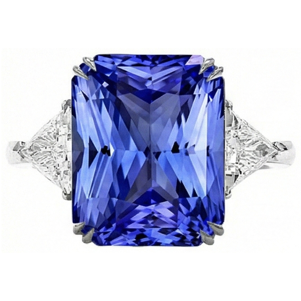 Three Stone Radiant Sapphire & Trillion Natural Earth Mined Diamond Ring 5.50 Carats