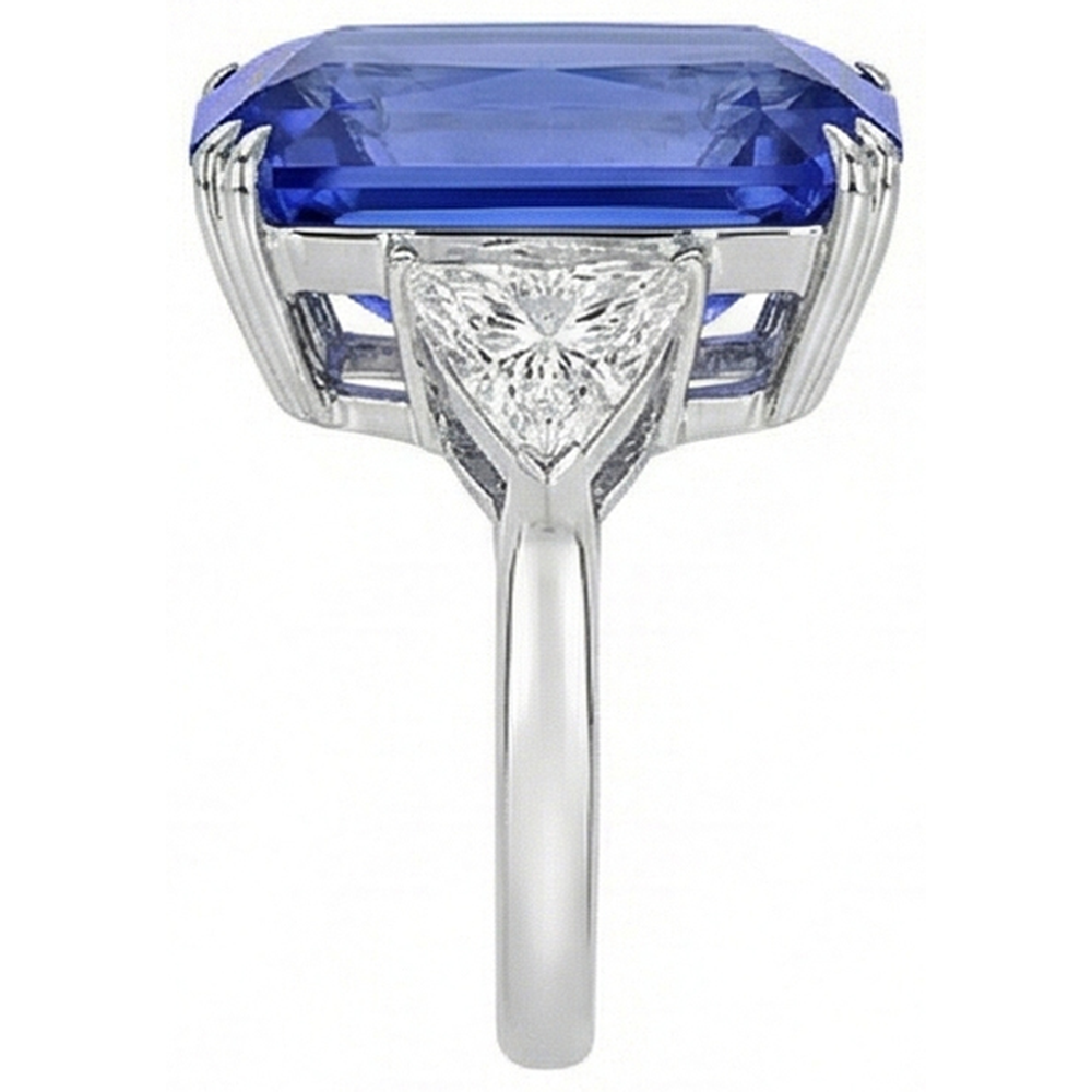 Three Stone Radiant Sapphire & Trillion Natural Earth Mined Diamond Ring 5.50 Carats