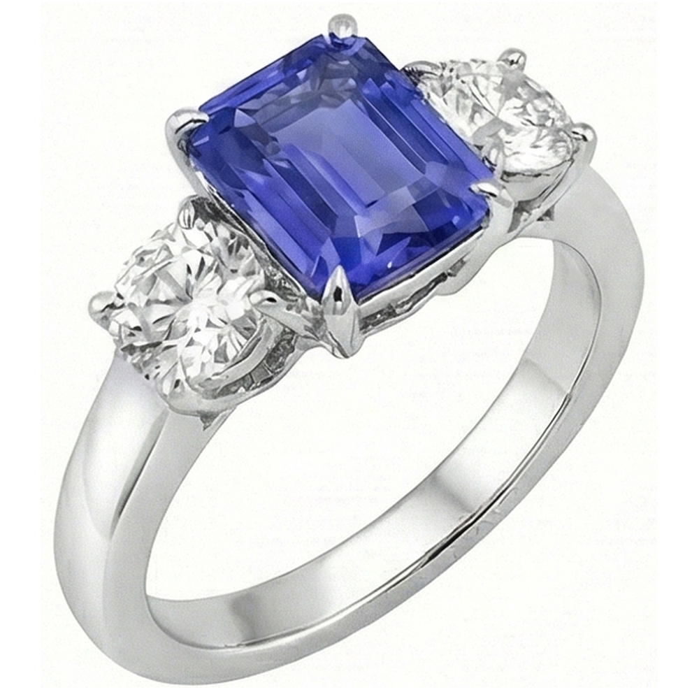 Natural Real ( Not Lab Grown )  Three Stone Ring Antique Style Emerald Ceylon Sapphire 3 Carats