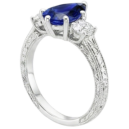 Three Stone Ring Antique Style Pear Blue Sapphire & Natural Earth Mined Diamonds 5 Carats