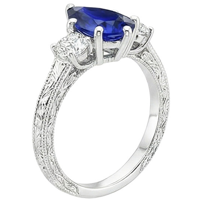 Three Stone Ring Antique Style Pear Blue Sapphire & Natural Earth Mined Diamonds 5 Carats