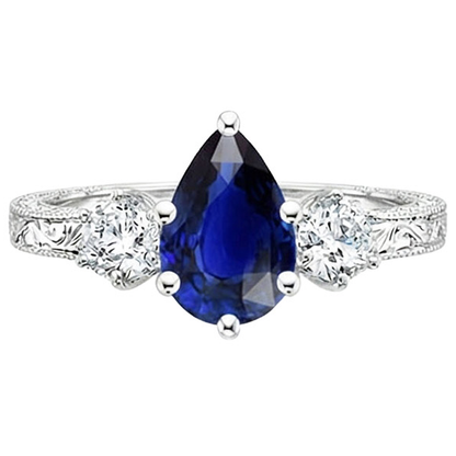 Three Stone Ring Antique Style Pear Blue Sapphire & Natural Earth Mined Diamonds 5 Carats
