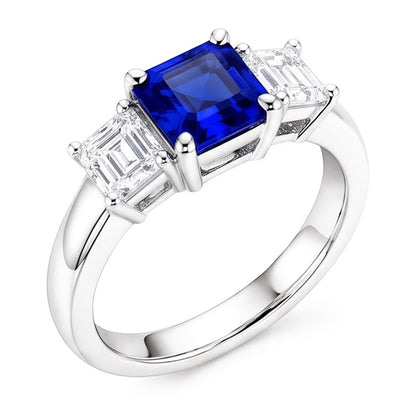 Three Stone Ring Asscher Ceylon Sapphire & Natural Earth Mined Diamonds 2.50 Carats