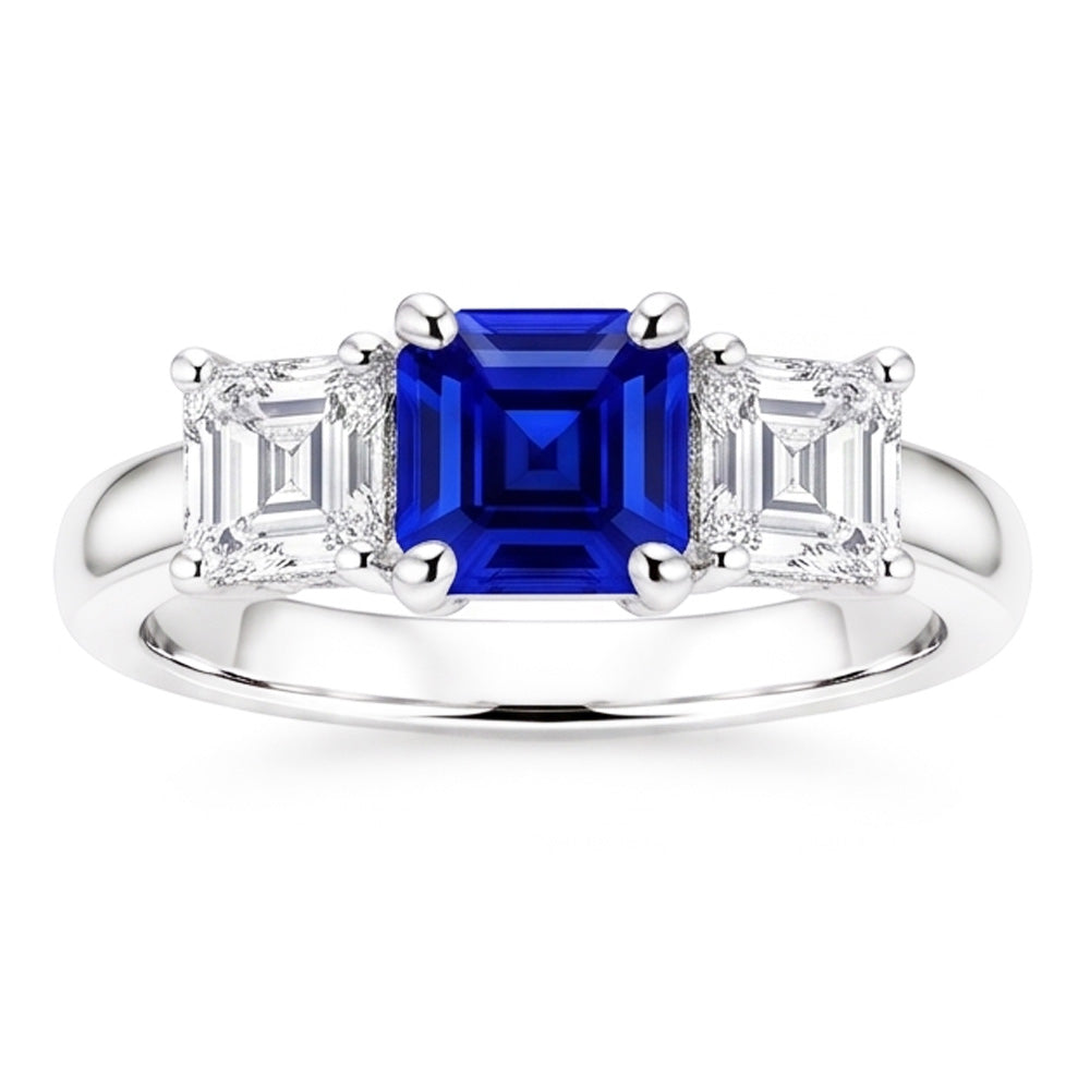 Three Stone Ring Asscher Ceylon Sapphire & Natural Earth Mined Diamonds 2.50 Carats