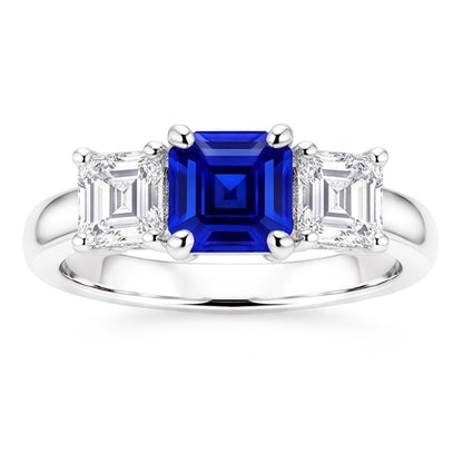 Three Stone Ring Asscher Ceylon Sapphire & Natural Earth Mined Diamonds 2.50 Carats