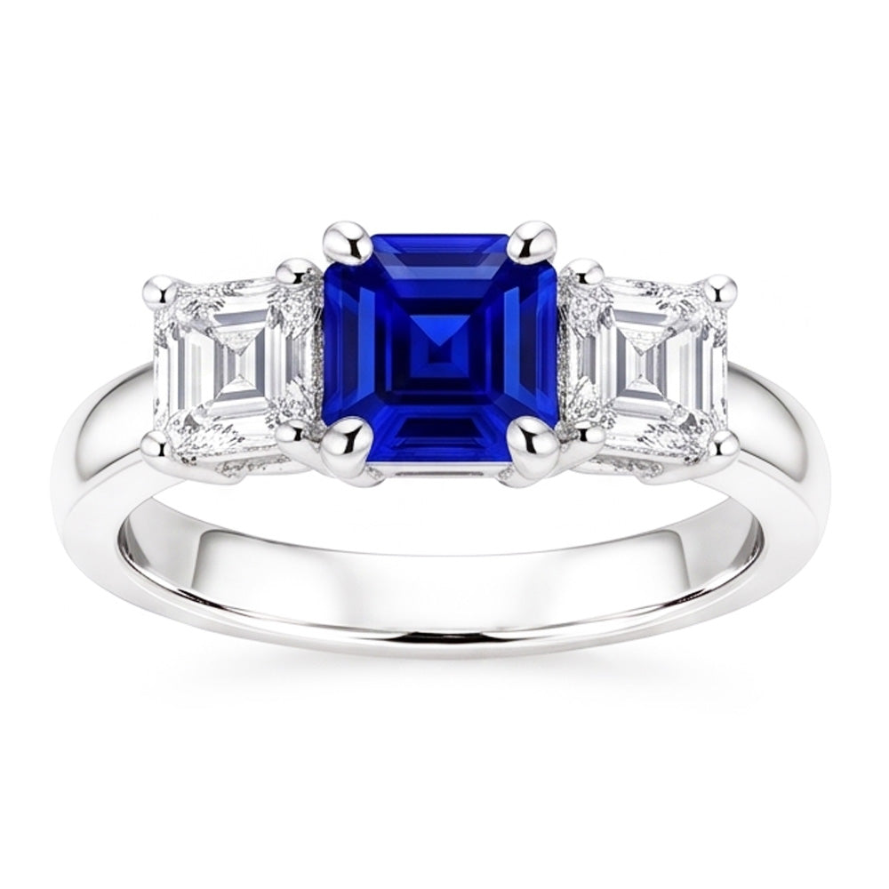 Three Stone Ring Asscher Ceylon Sapphire & Natural Earth Mined Diamonds 2.50 Carats
