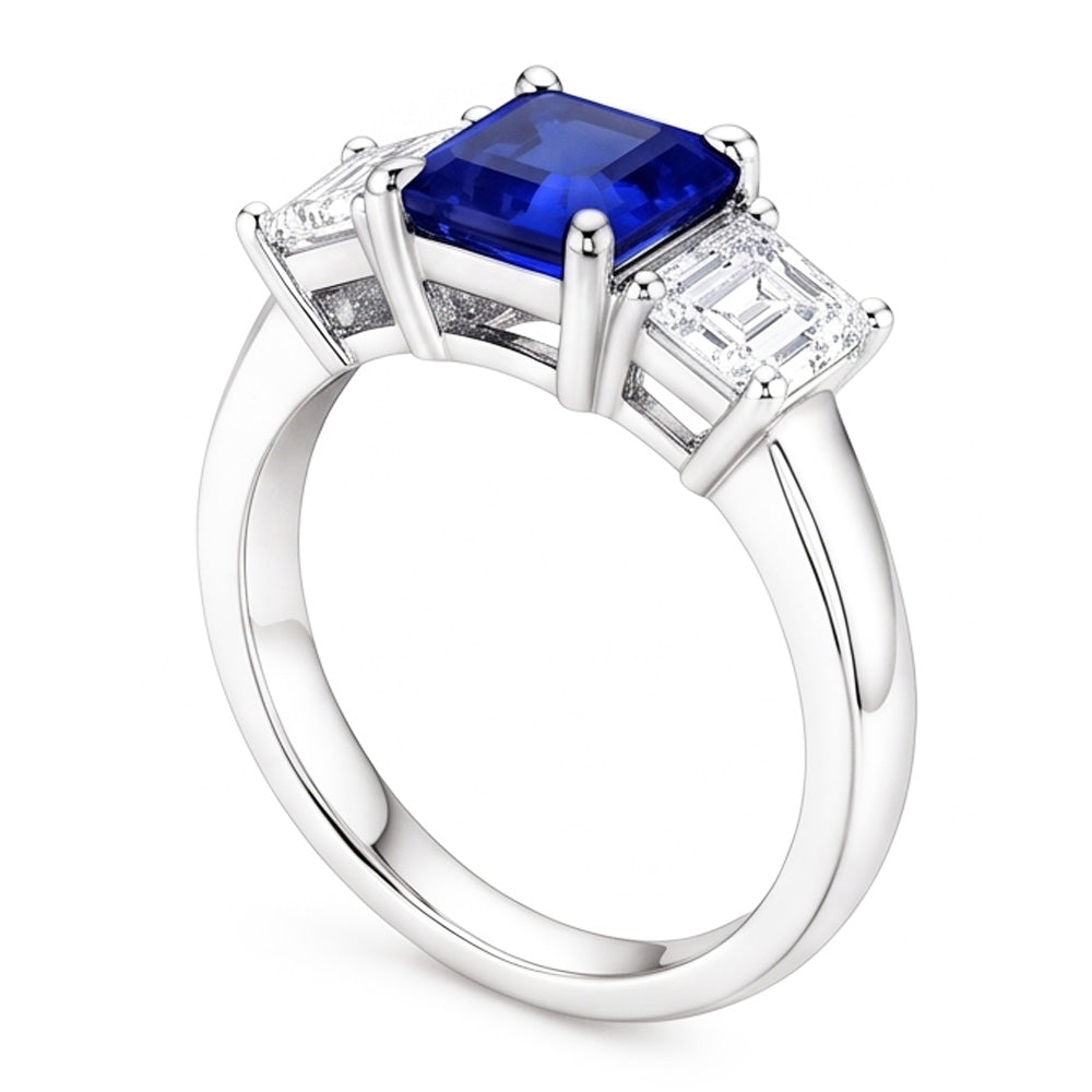Three Stone Ring Asscher Ceylon Sapphire & Natural Earth Mined Diamonds 2.50 Carats