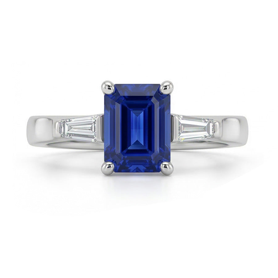 Three Stone Ring Emerald Sapphire & Tapered Baguette Natural Earth Mined Diamonds 3 Carats