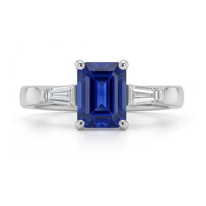 Three Stone Ring Emerald Sapphire & Tapered Baguette Natural Earth Mined Diamonds 3 Carats