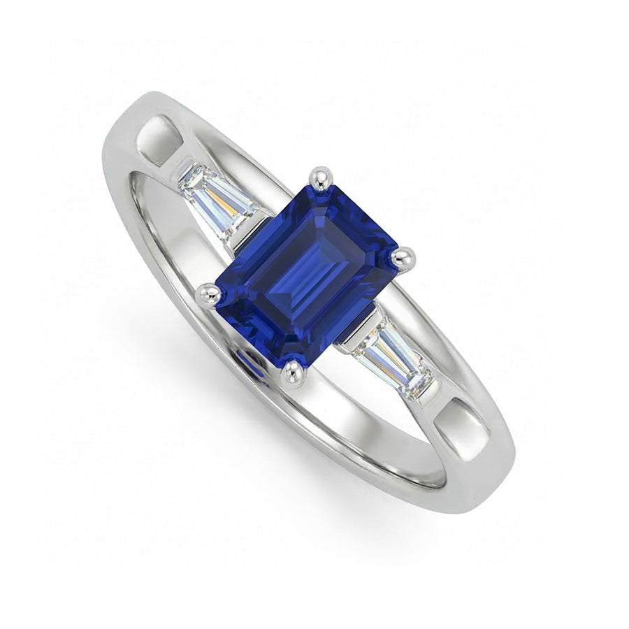 Three Stone Ring Emerald Sapphire & Tapered Baguette Natural Earth Mined Diamonds 3 Carats