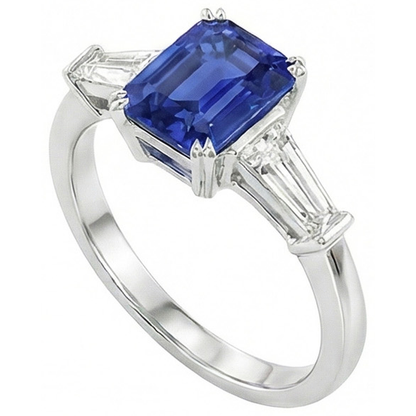 Natural Real ( Not Lab Grown )  Three Stone Ring Emerald Shaped Srilanka Sapphire 2 Carats