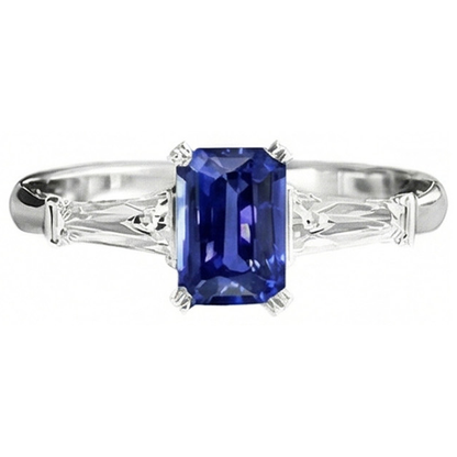 Natural Real ( Not Lab Grown )  Three Stone Ring Emerald Shaped Srilanka Sapphire 2 Carats