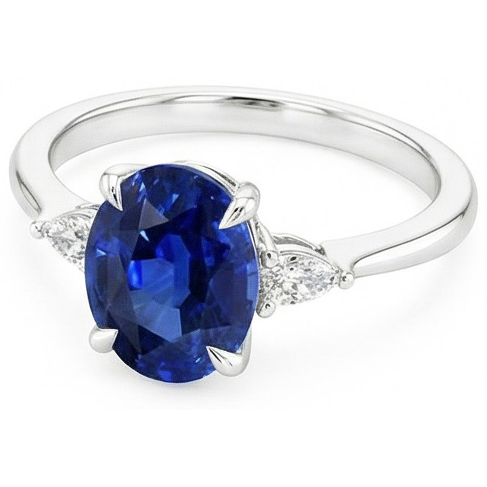 Three Stone Ring Oval Sri Lankan Sapphire & Pear Natural Earth Mined Diamonds 2.50 Carats
