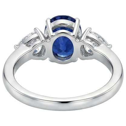 Three Stone Ring Oval Sri Lankan Sapphire & Pear Natural Earth Mined Diamonds 5.50 Carats