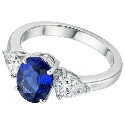 Three Stone Ring Oval Sri Lankan Sapphire & Pear Natural Earth Mined Diamonds 5.50 Carats