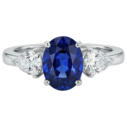 Three Stone Ring Oval Sri Lankan Sapphire & Pear Natural Earth Mined Diamonds 5.50 Carats