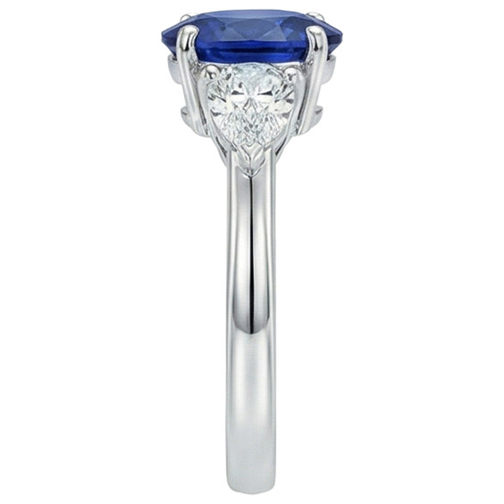 Three Stone Ring Oval Sri Lankan Sapphire & Pear Natural Earth Mined Diamonds 5.50 Carats